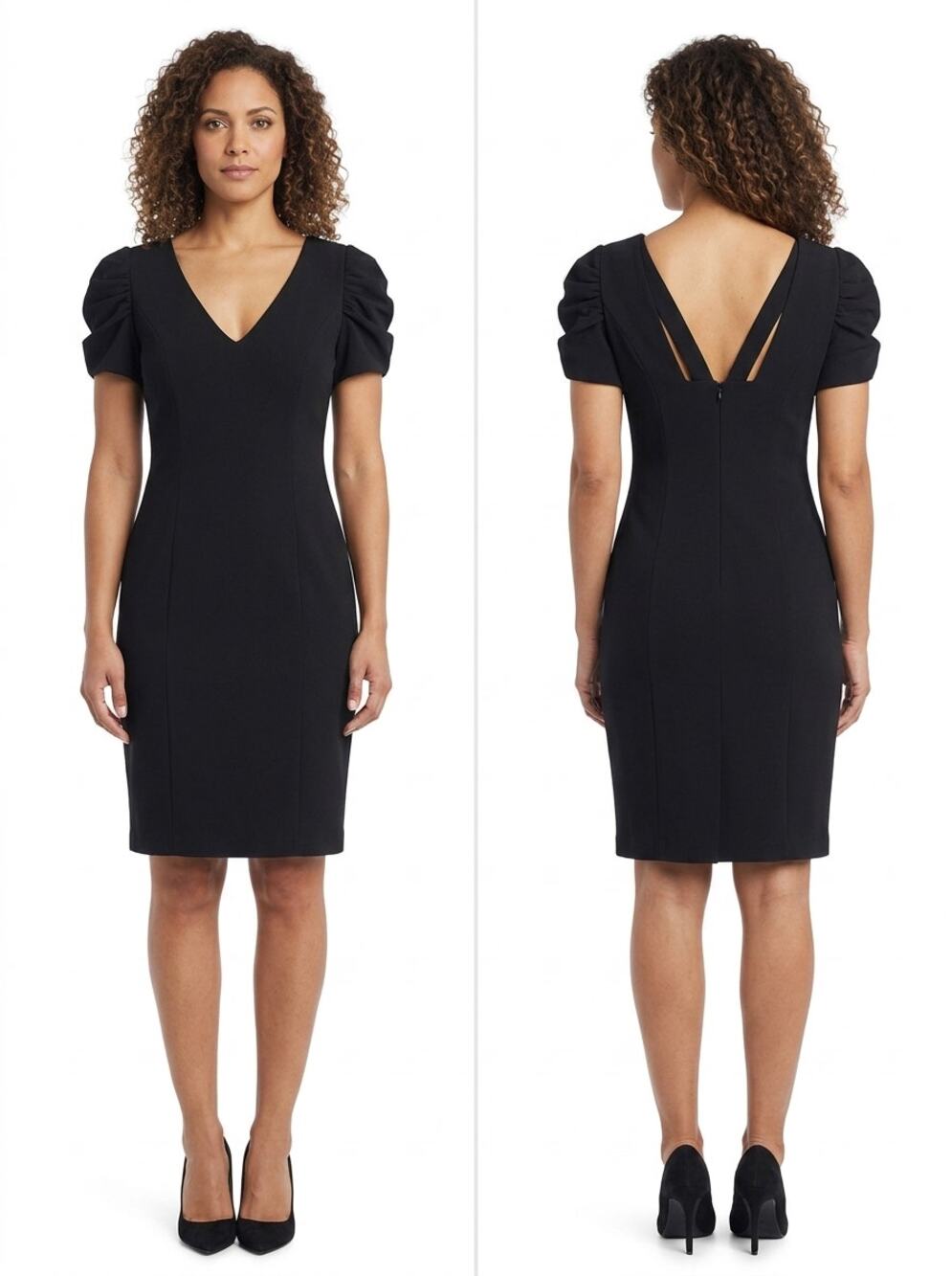 Kay Unger Black Sheath Knee Length Pleated Lined Dress Women Size 6